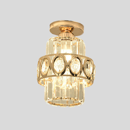 Modern 1-Light Cylinder Crystal Flush Ceiling Light In Gold With Circlet/Leaf Guard