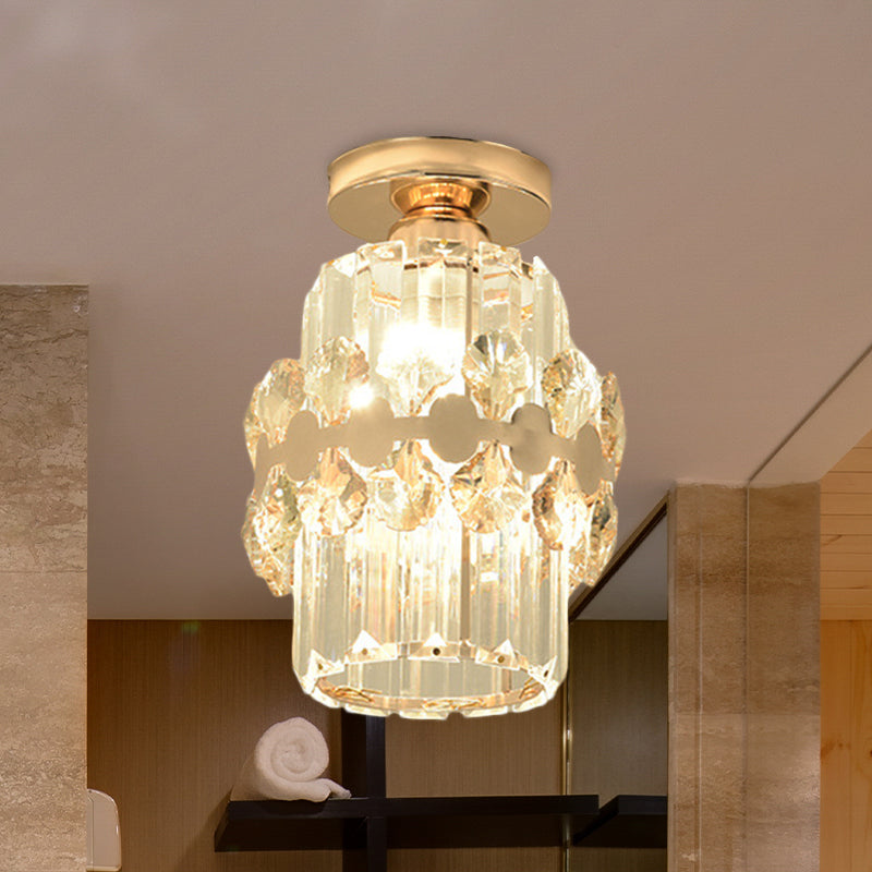 Modern 1-Light Cylinder Crystal Flush Ceiling Light in Gold with Circlet/Leaf Guard