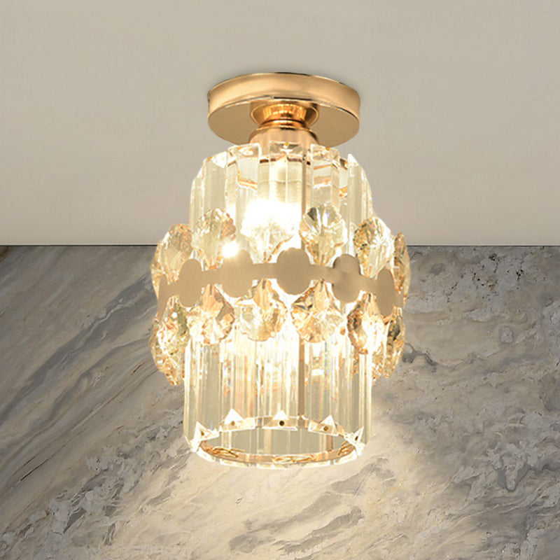 Modern 1-Light Cylinder Crystal Flush Ceiling Light in Gold with Circlet/Leaf Guard