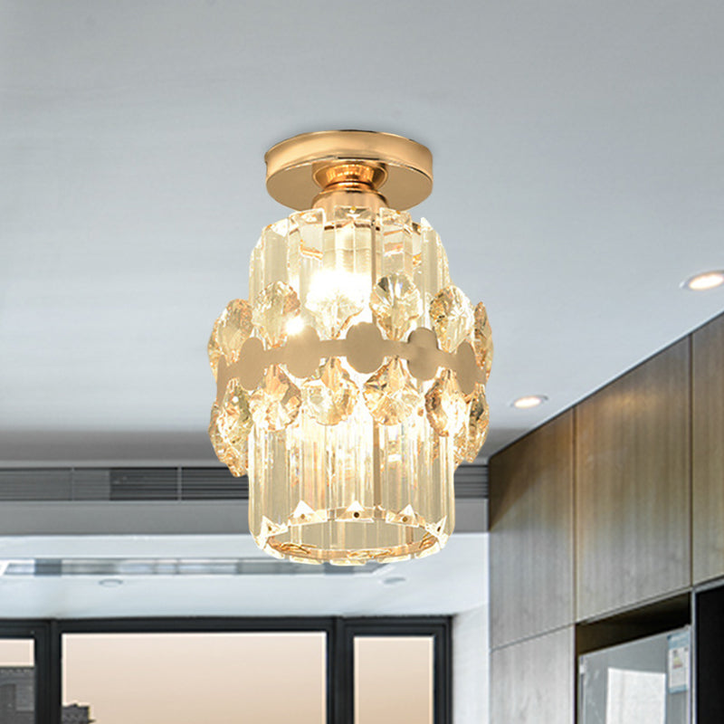 Modern 1-Light Cylinder Crystal Flush Ceiling Light in Gold with Circlet/Leaf Guard