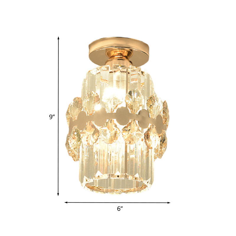 Modern 1-Light Cylinder Crystal Flush Ceiling Light in Gold with Circlet/Leaf Guard