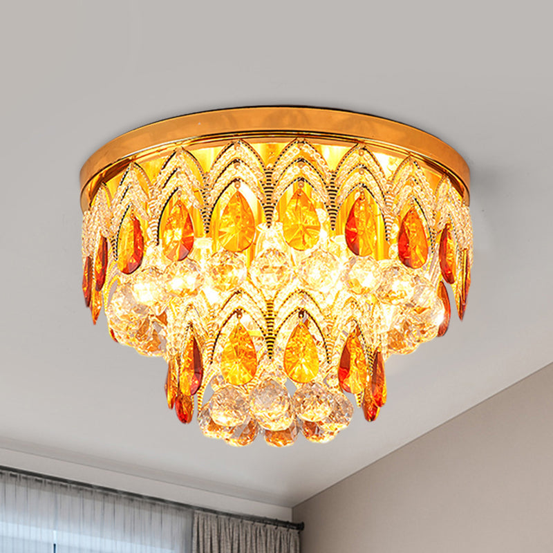 2-Tier Tan Crystal Droplets Ceiling Lamp - Traditional 6 Lights Flush Mount Fixture in Gold