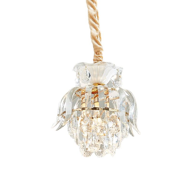 Traditional Gold Crystal Lotus Pendant Light With Tiered Pendulum - Perfect For Dining Room