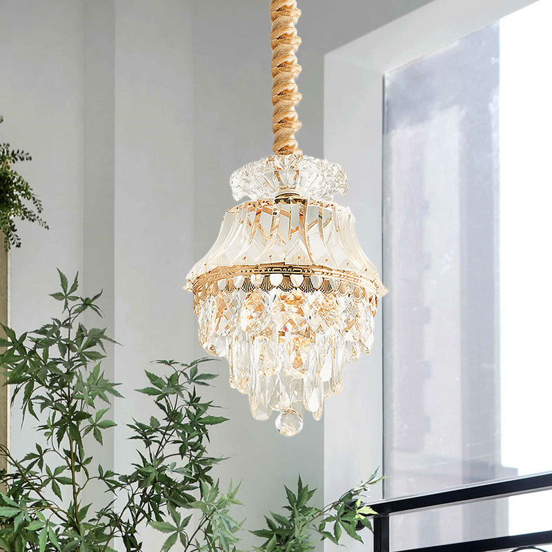 Modern Gold Crystal Dining Table Pendant Lamp - 1-Light Down Lighting Clear Tapered/Layered Design