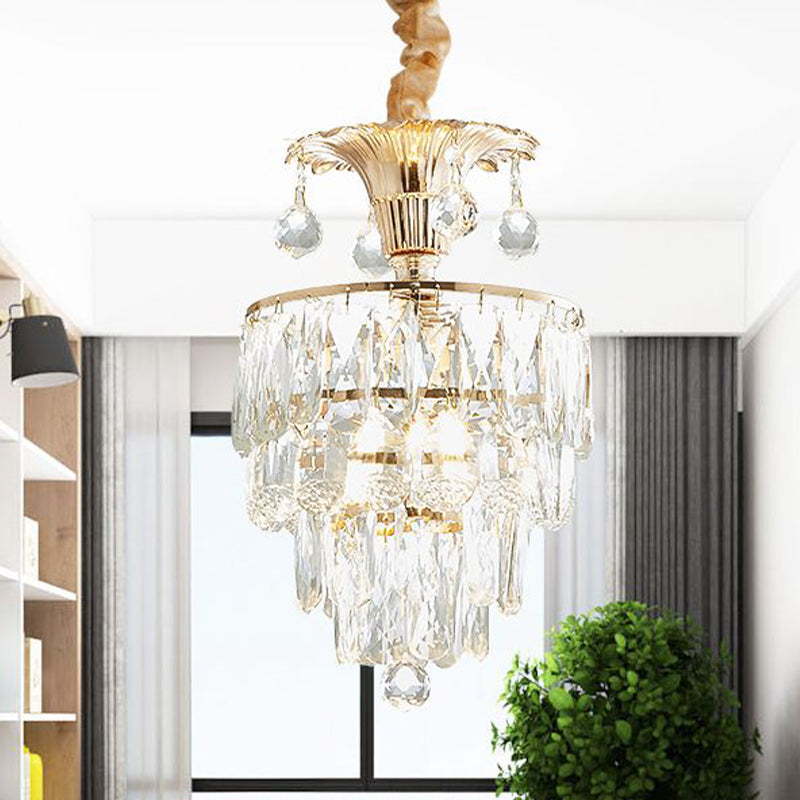 Modern Gold Crystal Dining Table Pendant Lamp - 1-Light Down Lighting Clear Tapered/Layered Design