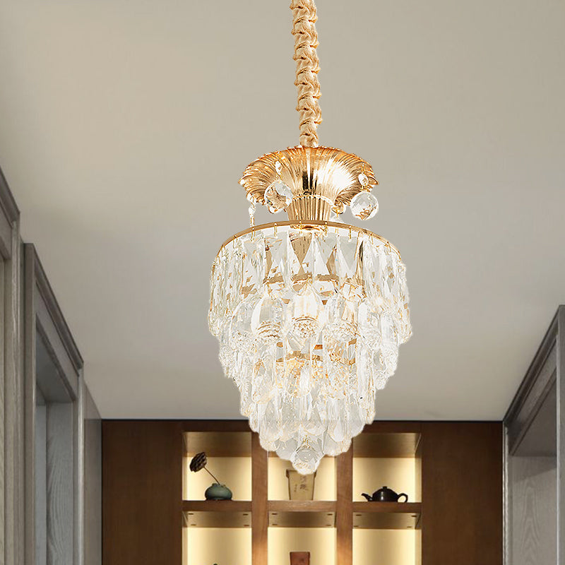 Modern Gold Crystal Dining Table Pendant Lamp - 1-Light Down Lighting Clear Tapered/Layered Design