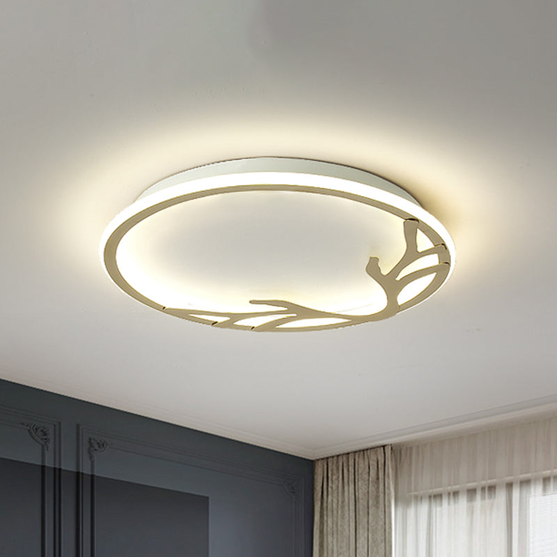 Gold Nordic Circle Ceiling Lamp with Antler Decoration | LED Flush Mount Light