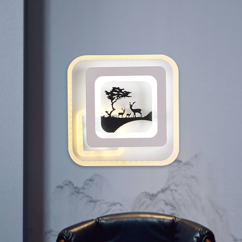 Modern Acrylic Led Sconce: White Wall Lamp With Deer/Feather Pattern - Perfect For Living Room