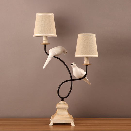 Elena - Modern Fabric Barrel Shade Table Light Modern 2 Bulbs Flaxen Reading Lamp with Pigeons Deco