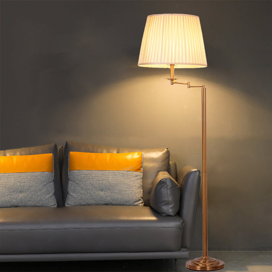 Adjustable Floor Lamp With Brass Finish & Plated Fabric Drum Shade