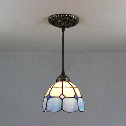 Mediterranean Blue Handcrafted Art Glass Downlight Pendant Lamp With Dome Shape