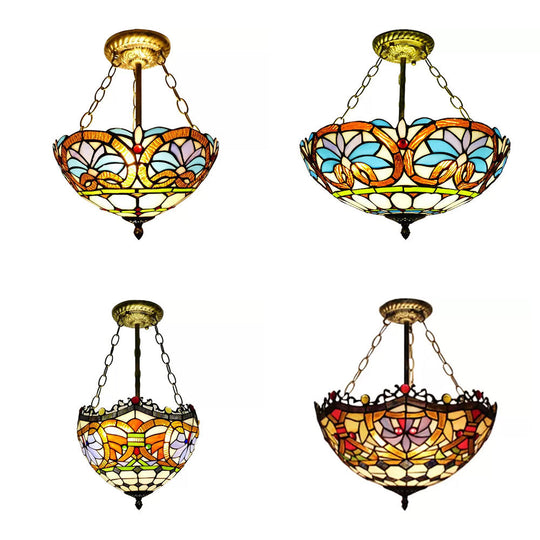 Victorian Tiffany Style Ceiling Fixture - 12"/16" Wide Bowl Design Light