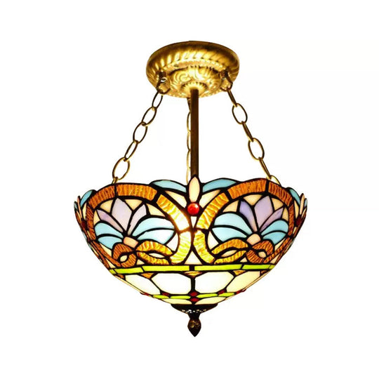 Victorian Tiffany Style Ceiling Fixture - 12"/16" Wide Bowl Design Light