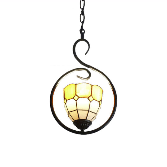 Stylish Orange Grid Dome Pendant Light with Tiffany Glass and Stainless Steel Suspension