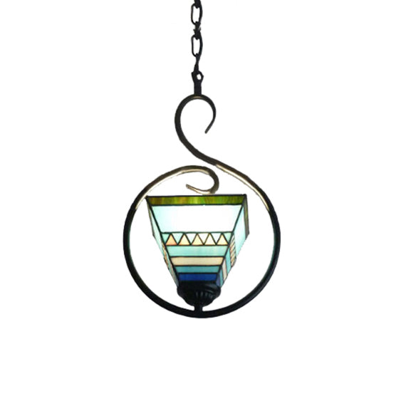 Tiffany Style Hanging Pendant Light - Stainless Glass Pyramid Suspension With Blue Ring