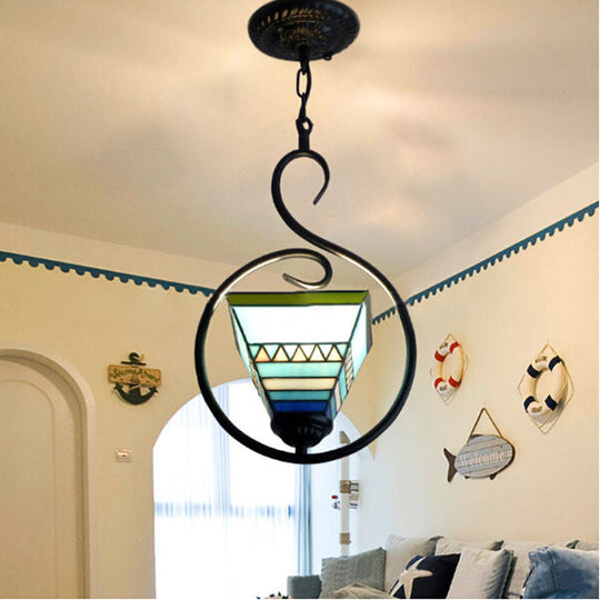 Tiffany Style Hanging Pendant Light - Stainless Glass Pyramid Suspension With Blue Ring