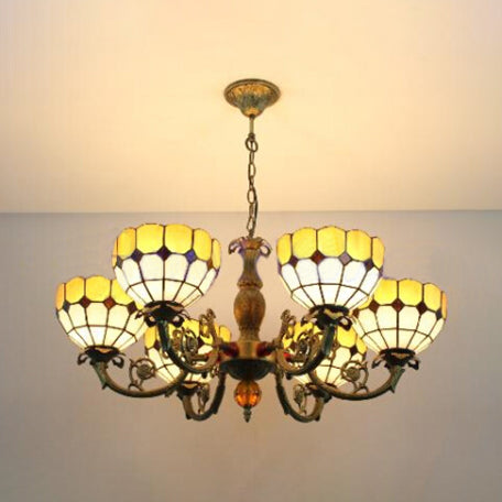 Vintage Tiffany Art Glass Chandelier - Yellow Grid Bowl Pendant Light with 6 Lights for Hallway