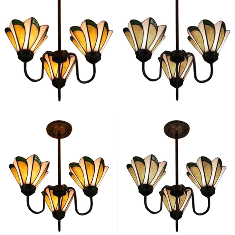 Yellow Tiffany Stained Glass Ceiling Pendant - Conical Hanging Light (Set of 3) - Traditional Design for Hotels