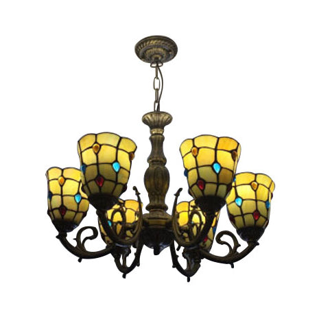 6 Bulb Tiffany Vintage Glass Chandelier - Yellow Bell Hanging Light For Study Room