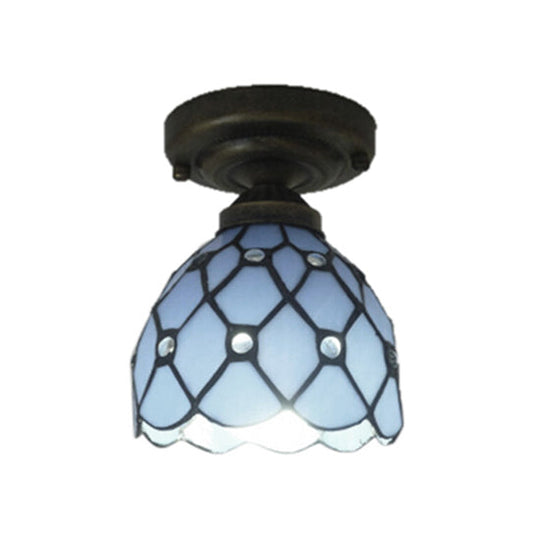 Tiffany Style Blue Glass Domed Ceiling Light for Study Room - Traditional Flush Mount