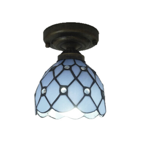 Tiffany Style Blue Glass Domed Ceiling Light For Study Room - Traditional Flush Mount