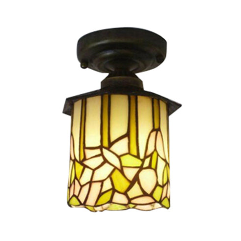 Tiffany Stained Glass Cylinder Ceiling Lamp - Rustic Flushmount Light for Study Room - Beige