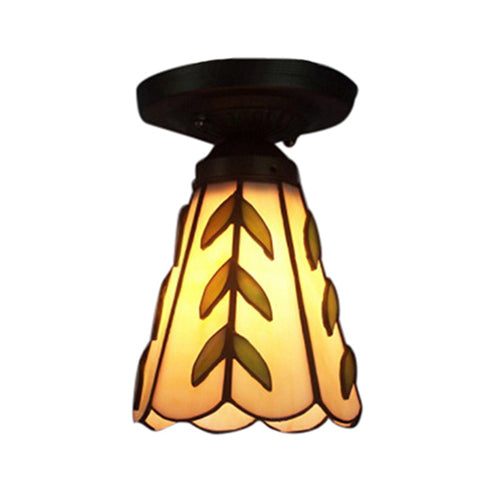 Rustic Tiffany Ceiling Lamp - Stained Glass Conical Mount Light for Kitchen - Beige Shade