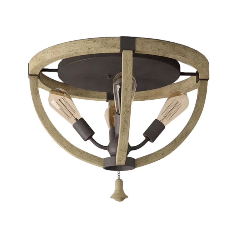 Semi-Mount Wood Khaki Dome Frame Ceiling Flush Light - Warehouse Style, 4-Bulb