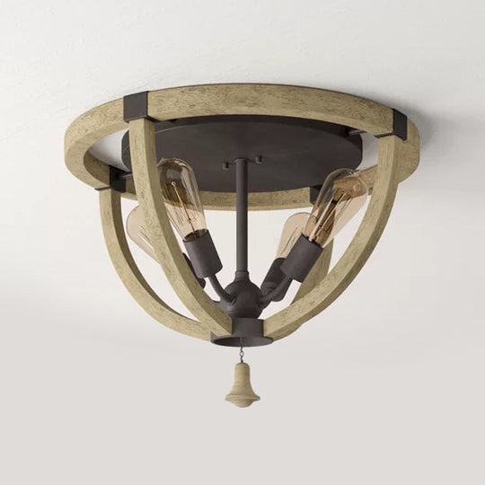 Semi-Mount Wood Khaki Dome Frame Ceiling Flush Light - Warehouse Style, 4-Bulb