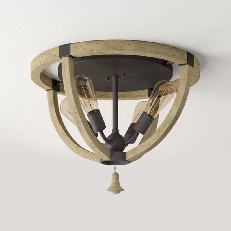 Semi-Mount Wood Khaki Dome Frame Ceiling Flush Light - Warehouse Style 4-Bulb