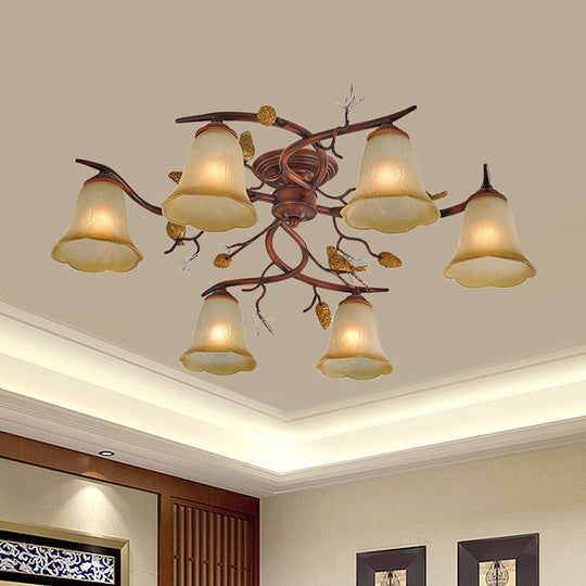 Rural Amber Glass 6-Head Semi-Flush Chandelier with Pinecone Decoration for Dining Room Ceiling Light