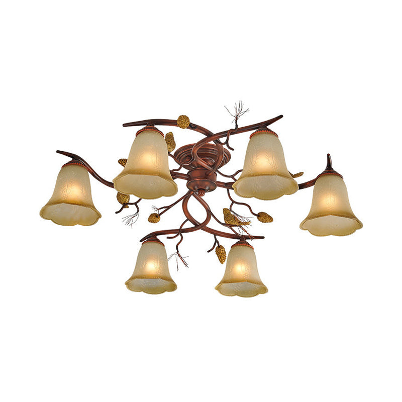 Rural Amber Glass 6-Head Semi-Flush Chandelier with Pinecone Decoration for Dining Room Ceiling Light