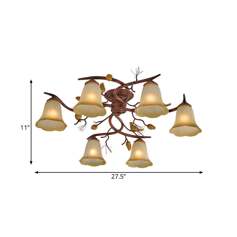 Rural Amber Glass 6-Head Semi-Flush Chandelier with Pinecone Decoration for Dining Room Ceiling Light