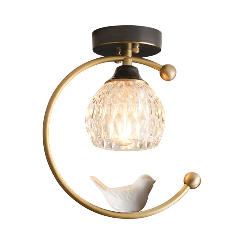 Semi Flush Mount Dining Room Ceiling Lamp - Dome Textured Glass with Brass C Arm and Bird Decor