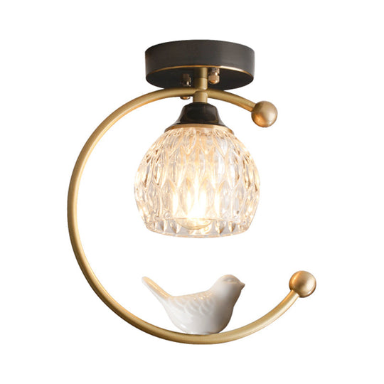 Semi Flush Mount Dining Room Ceiling Lamp - Dome Textured Glass With Brass C Arm And Bird Decor