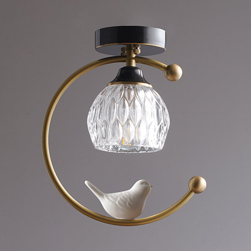 Semi Flush Mount Dining Room Ceiling Lamp - Dome Textured Glass with Brass C Arm and Bird Decor