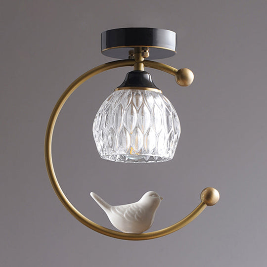 Semi Flush Mount Dining Room Ceiling Lamp - Dome Textured Glass With Brass C Arm And Bird Decor