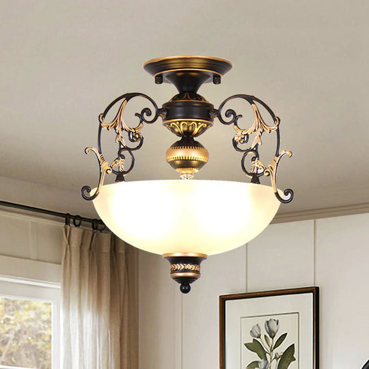 Antique Opal Glass 3-Light Black Semi-Mount Ceiling Lamp with Swirled Arm