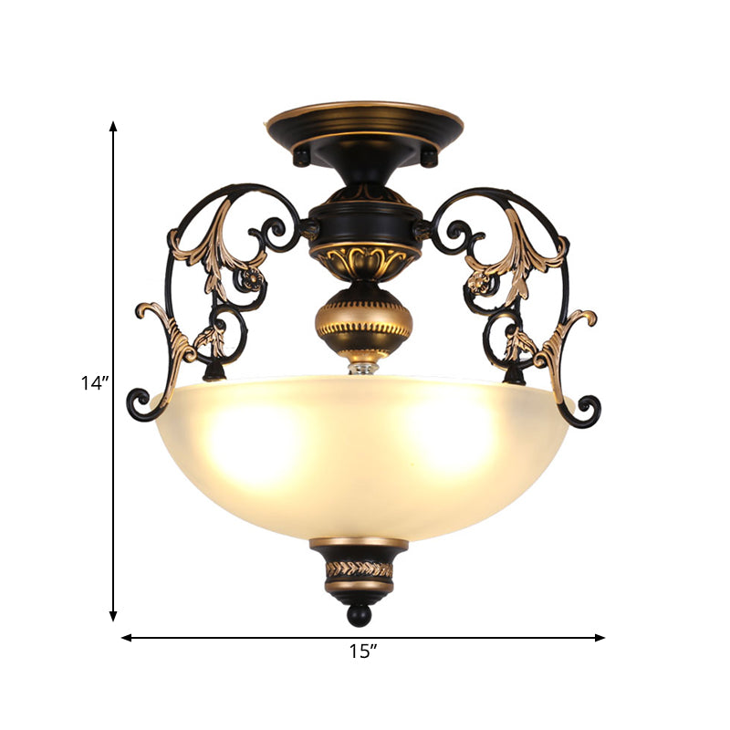 Antique Opal Glass 3-Light Black Semi-Mount Ceiling Lamp with Swirled Arm