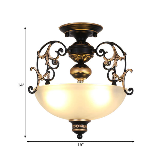 Antique Opal Glass 3-Light Black Semi-Mount Ceiling Lamp with Swirled Arm