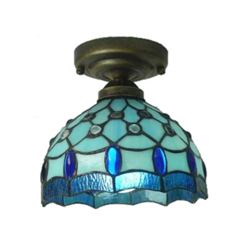 Blue Tiffany Vintage Stained Glass Ceiling Light With Jewel Accent - Flushmount Dome Design