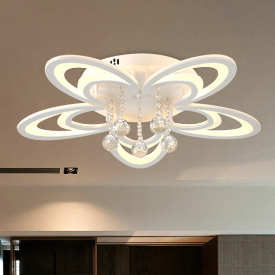 Contemporary LED Flush Ceiling Lamp in White - Acrylic and Crystal Semi Mount Lighting