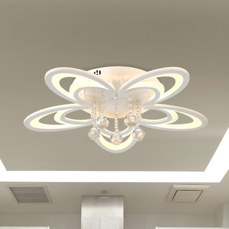 Contemporary LED Flush Ceiling Lamp in White - Acrylic and Crystal Semi Mount Lighting