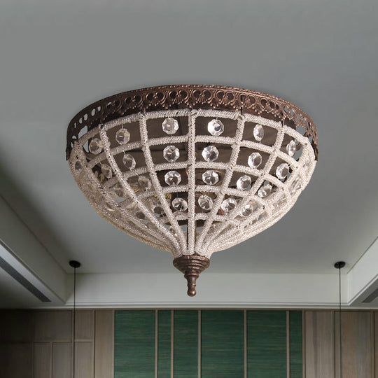 Antiqued Bronze Domed Cage Flush Mount Lamp with 2-Light Crystal Bead Ceiling Fixture