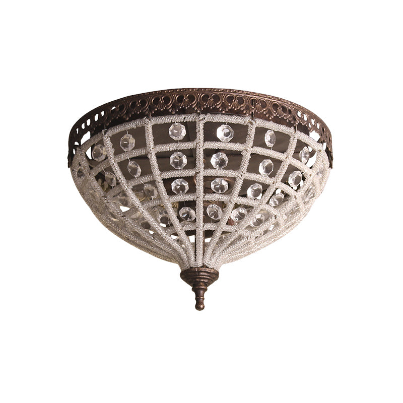 Antiqued Bronze Domed Cage Flush Mount Lamp with 2-Light Crystal Bead Ceiling Fixture