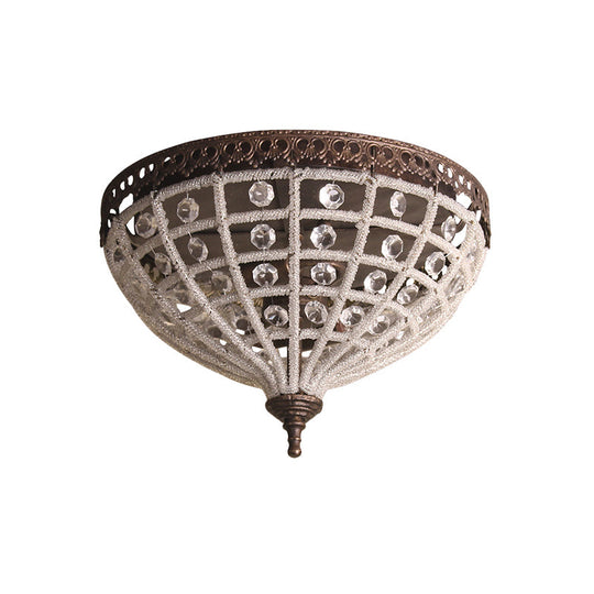 Antiqued Bronze Domed Cage Flush Mount Lamp With 2-Light Crystal Bead Ceiling Fixture