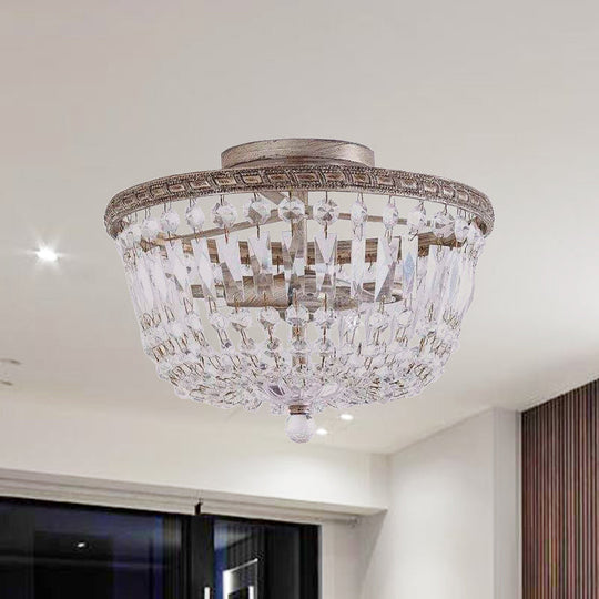 Aged Silver Semi Flush Mount Light Fixture with Crystal Strand Basket