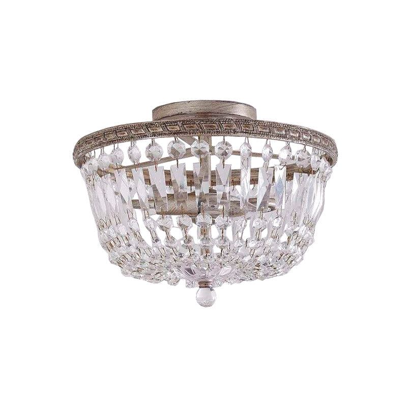 Aged Silver Semi Flush Mount Light Fixture with Crystal Strand Basket