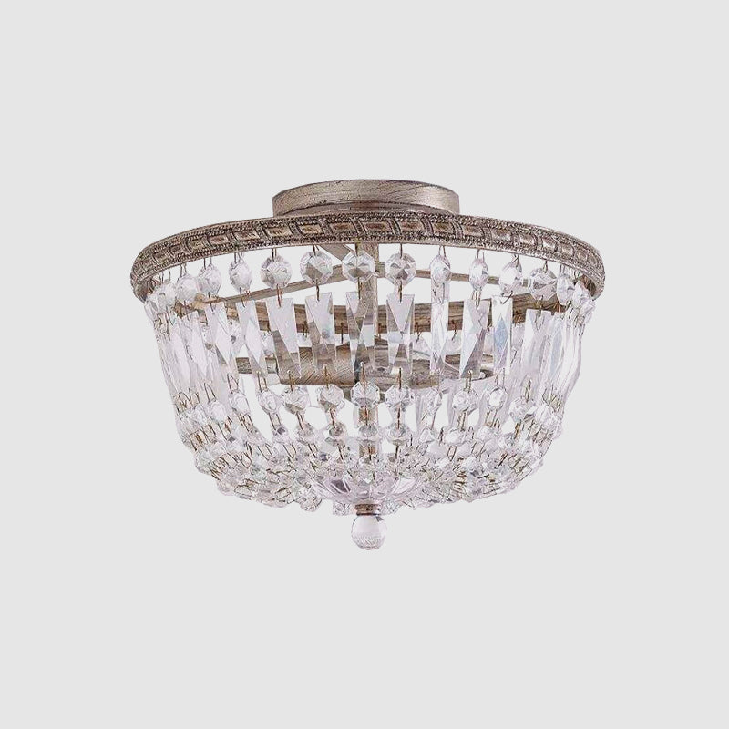 Aged Silver Semi Flush Mount Light Fixture with Crystal Strand Basket