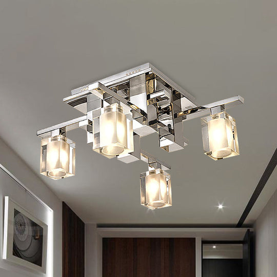 Modernist Clear Glass Flush Ceiling Lamp - Cuboid Semi Flush Light Fixture with 4 Chrome Finish Heads